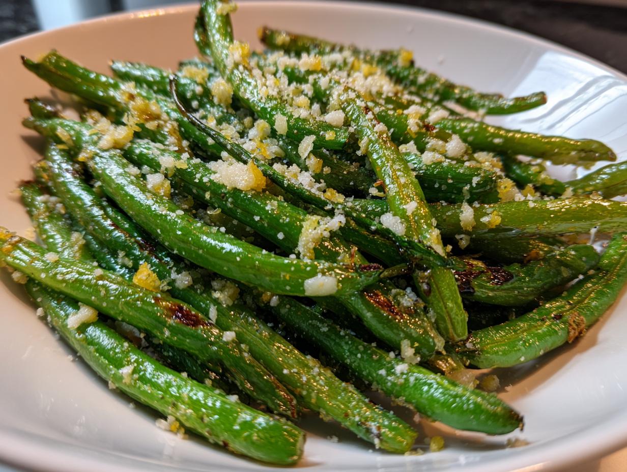 Close-up of bright green, roasted lemony roasted green beans with parmesan cheese sprinkled on top.