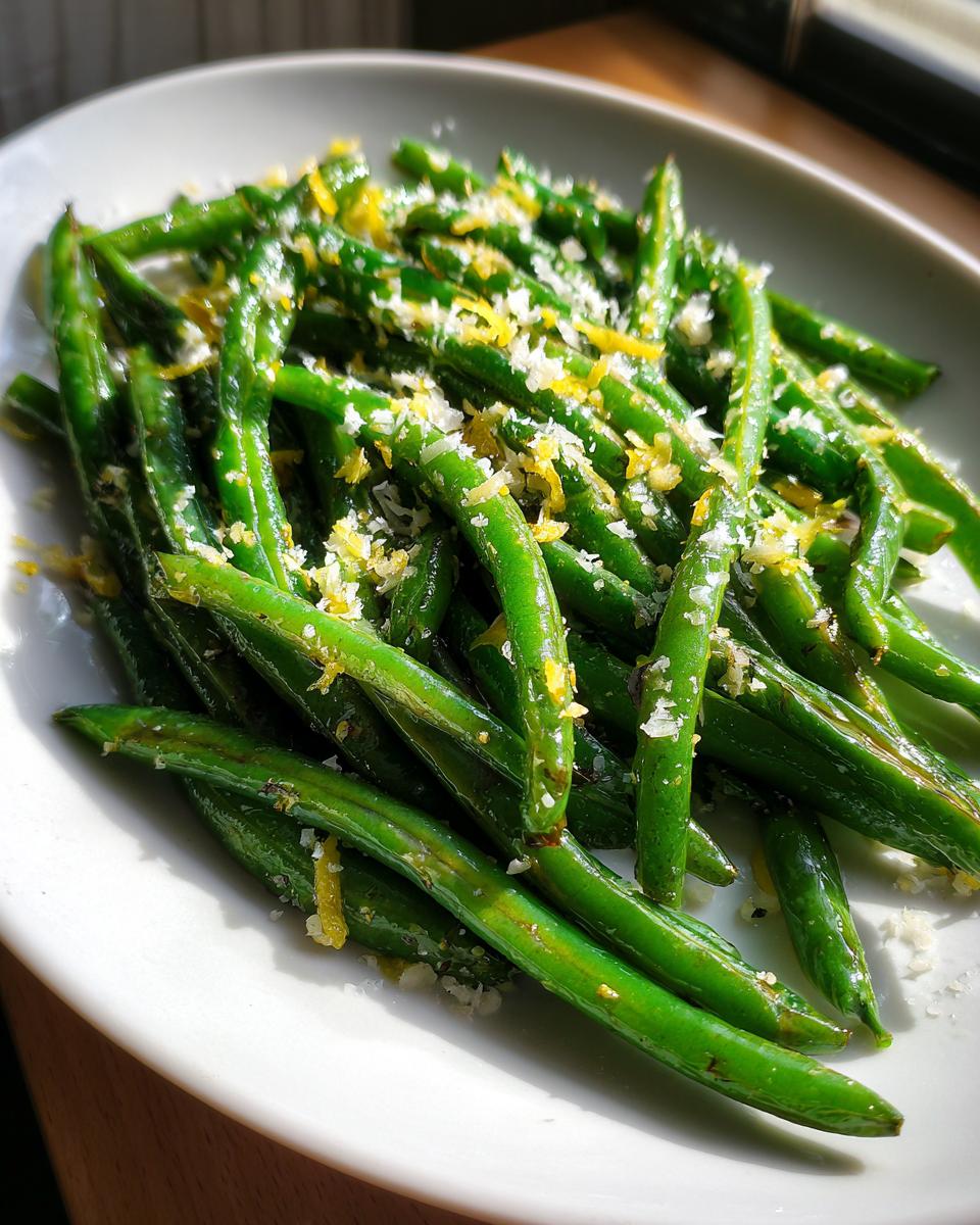 Close-up of bright green roasted green beans topped with grated parmesan and lemon zest.