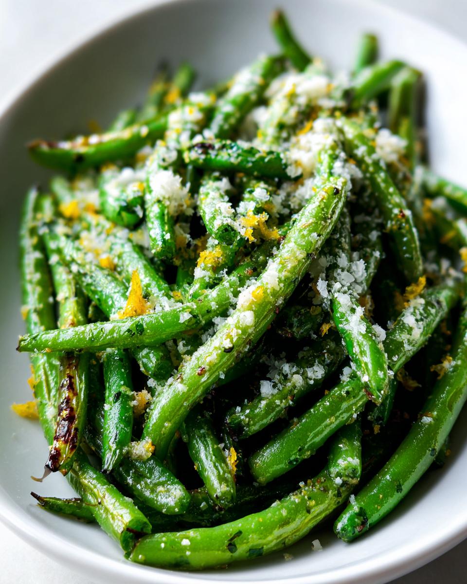 Close-up of bright green, roasted green beans topped with grated parmesan cheese and lemon zest, ready to serve.