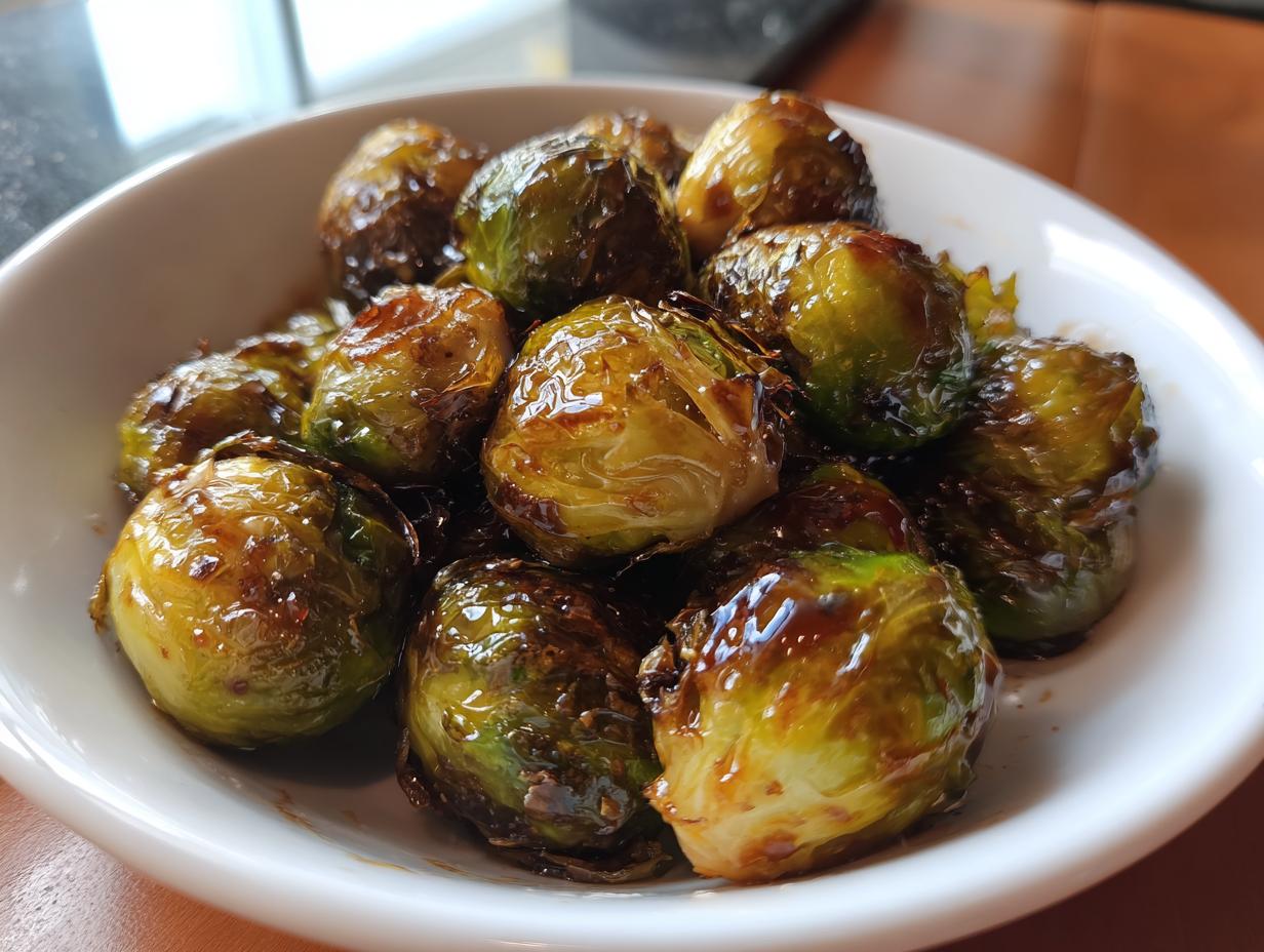 Close-up of perfectly caramelized miso-honey roasted brussels sprouts glistening with glaze in a white bowl.