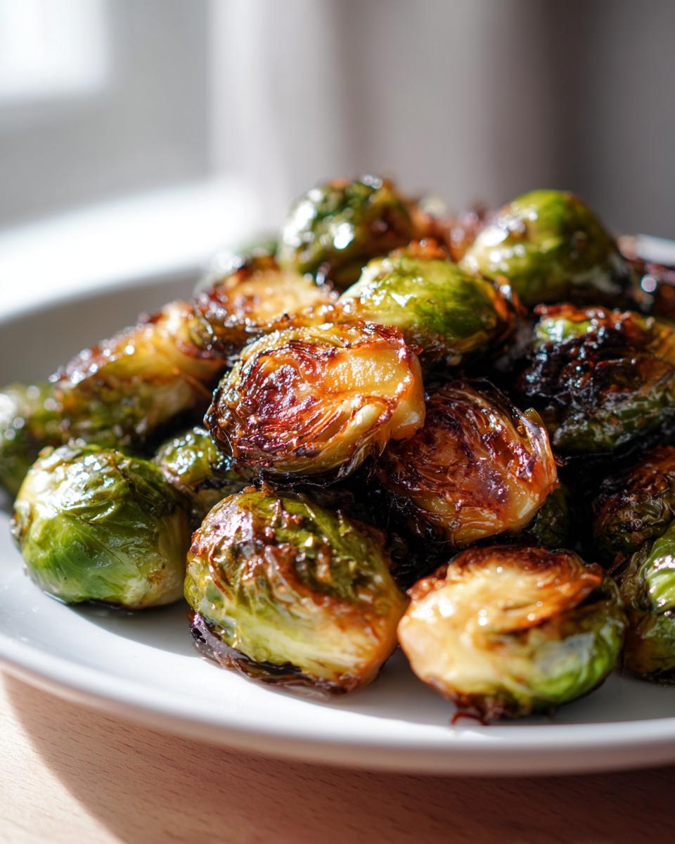 Close-up of perfectly caramelized miso-honey roasted brussels sprouts piled on a white plate.