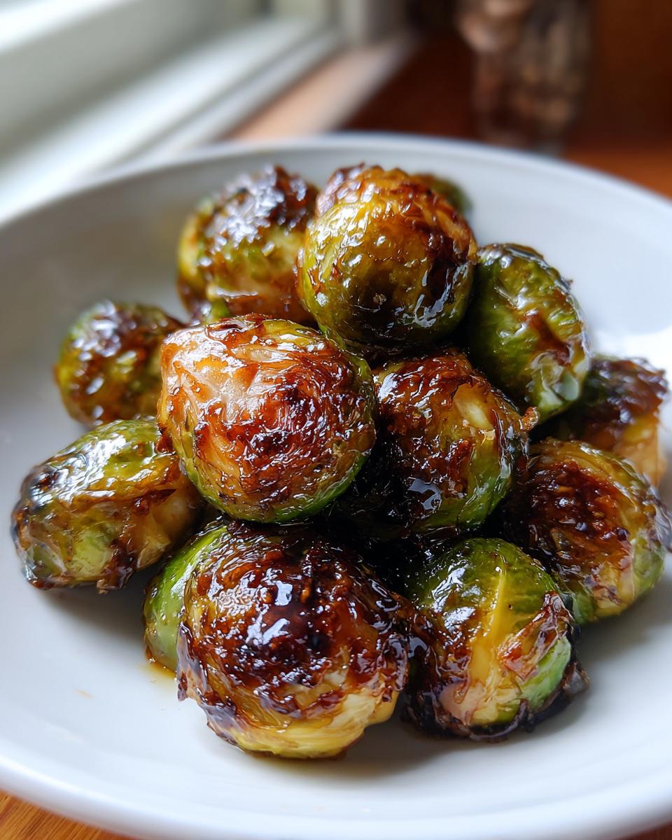 Close-up of perfectly caramelized miso-honey roasted brussels sprouts piled in a white bowl.