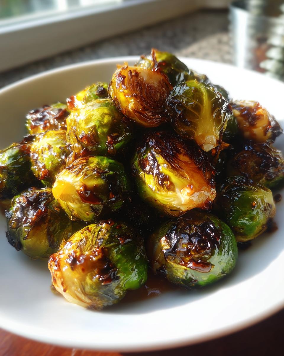 Close-up of perfectly roasted miso-honey roasted brussels sprouts, glazed and slightly charred.