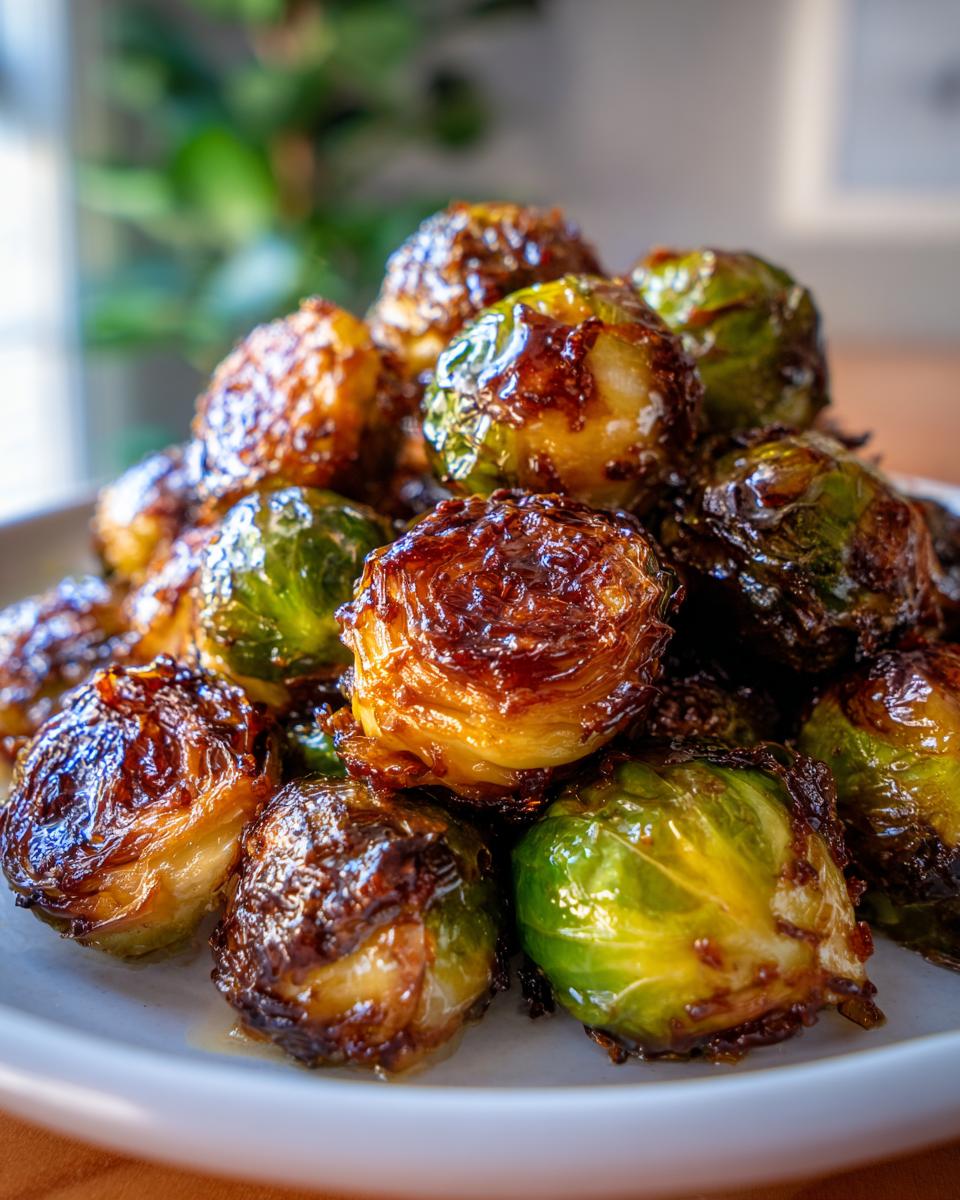 A close-up of perfectly caramelized miso-honey roasted brussels sprouts piled high on a white plate.