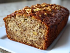 A close-up of a freshly baked cottage cheese banana bread loaf topped with walnuts, showing a moist, textured interior.