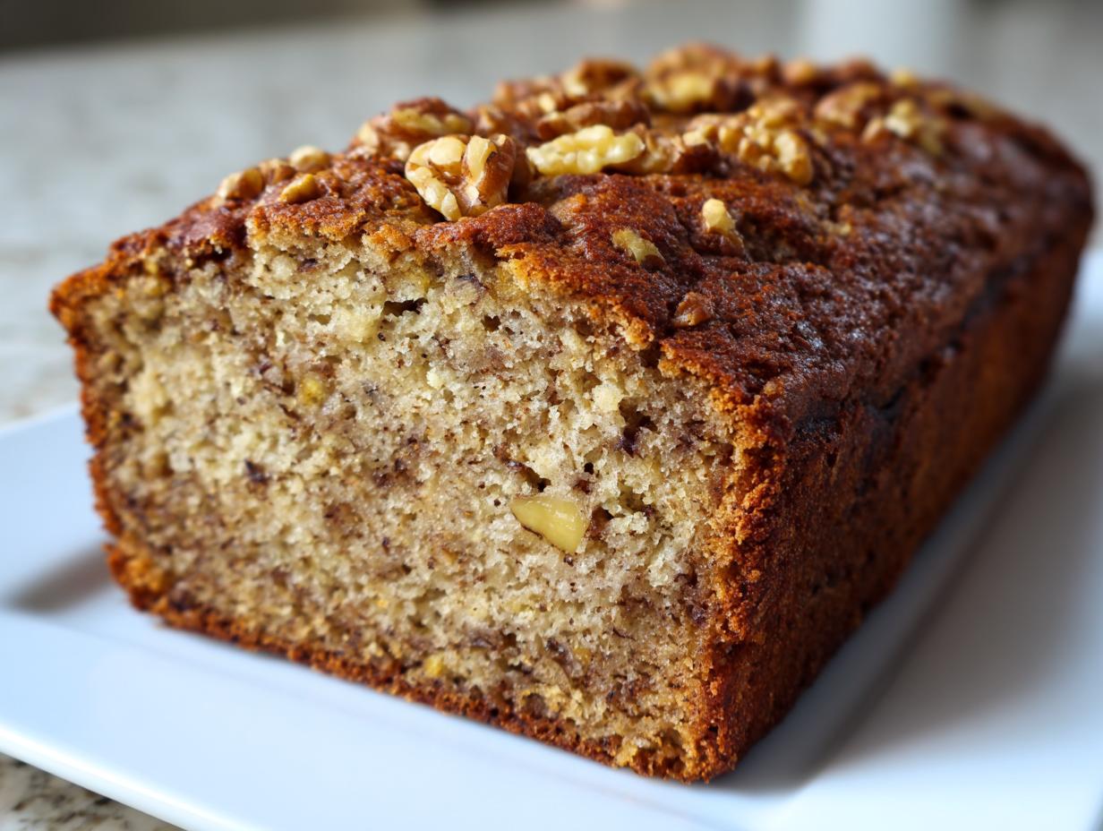 A close-up of a freshly baked cottage cheese banana bread loaf topped with walnuts, showing a moist, textured interior.