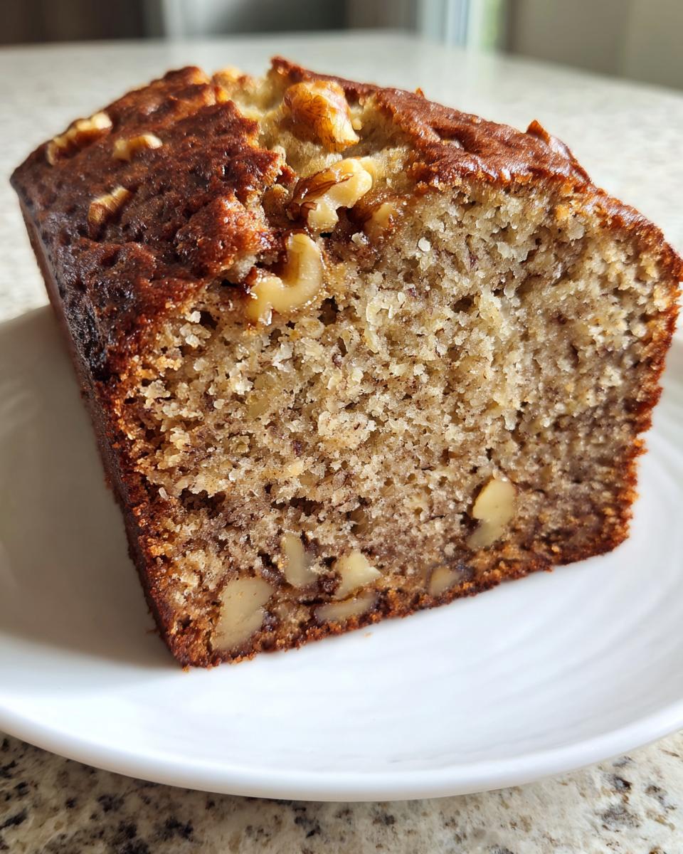 Close-up of a moist slice of cottage cheese banana bread, showing the crumb texture and walnuts throughout.