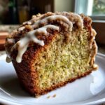 Close-up of a moist slice of pistachio coffee cake showing green pistachio bits, crumb topping, and white icing drizzle.