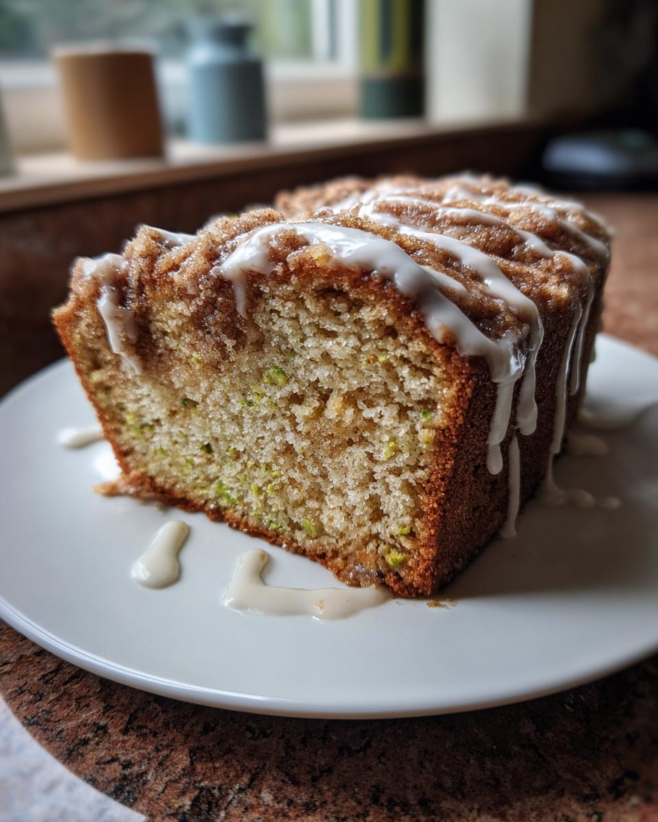A moist slice of pistachio coffee cake topped with cinnamon streusel and white vanilla glaze, served on a white plate.