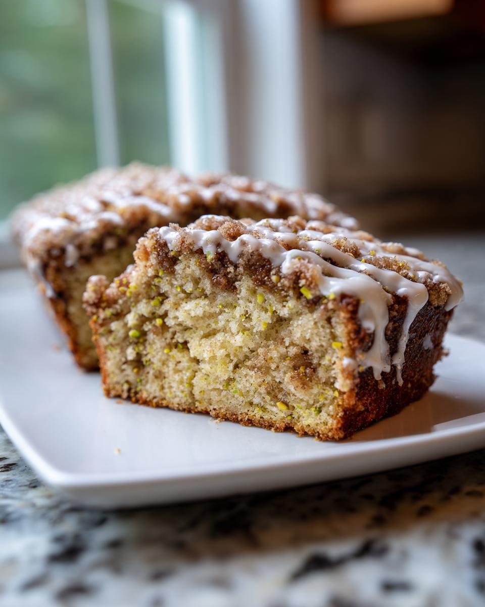 Close-up of a moist slice of pistachio coffee cake topped with crumble and white icing drizzle.
