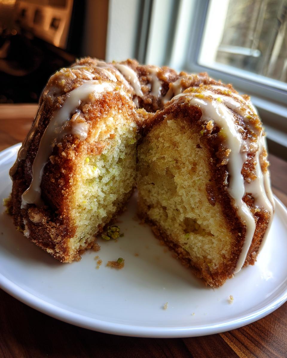 Close-up of a moist pistachio coffee cake, sliced open to show the crumb and green pistachio bits, drizzled with white glaze.