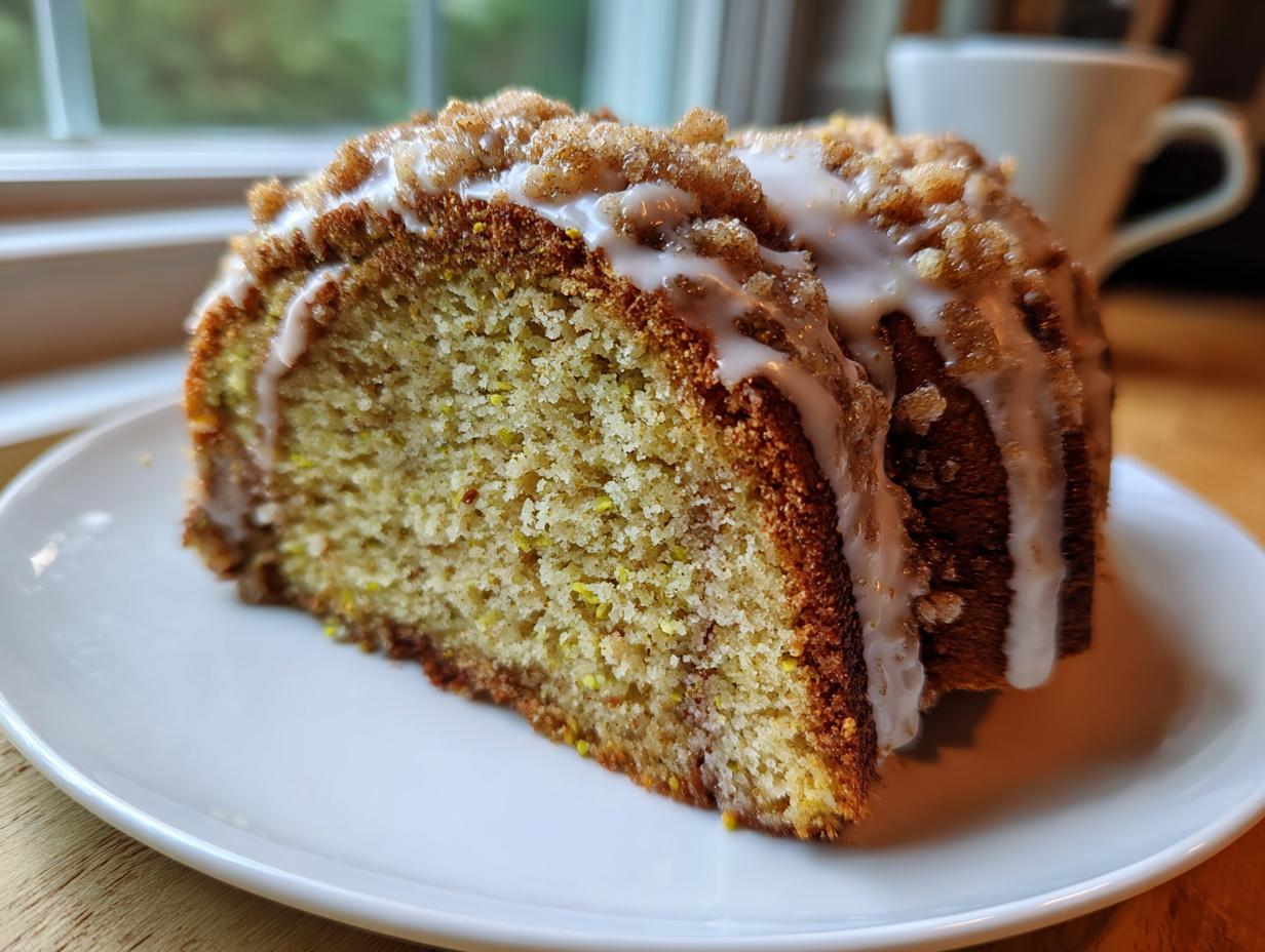 A close-up of a moist slice of pistachio coffee cake topped with streusel and a white vanilla glaze.