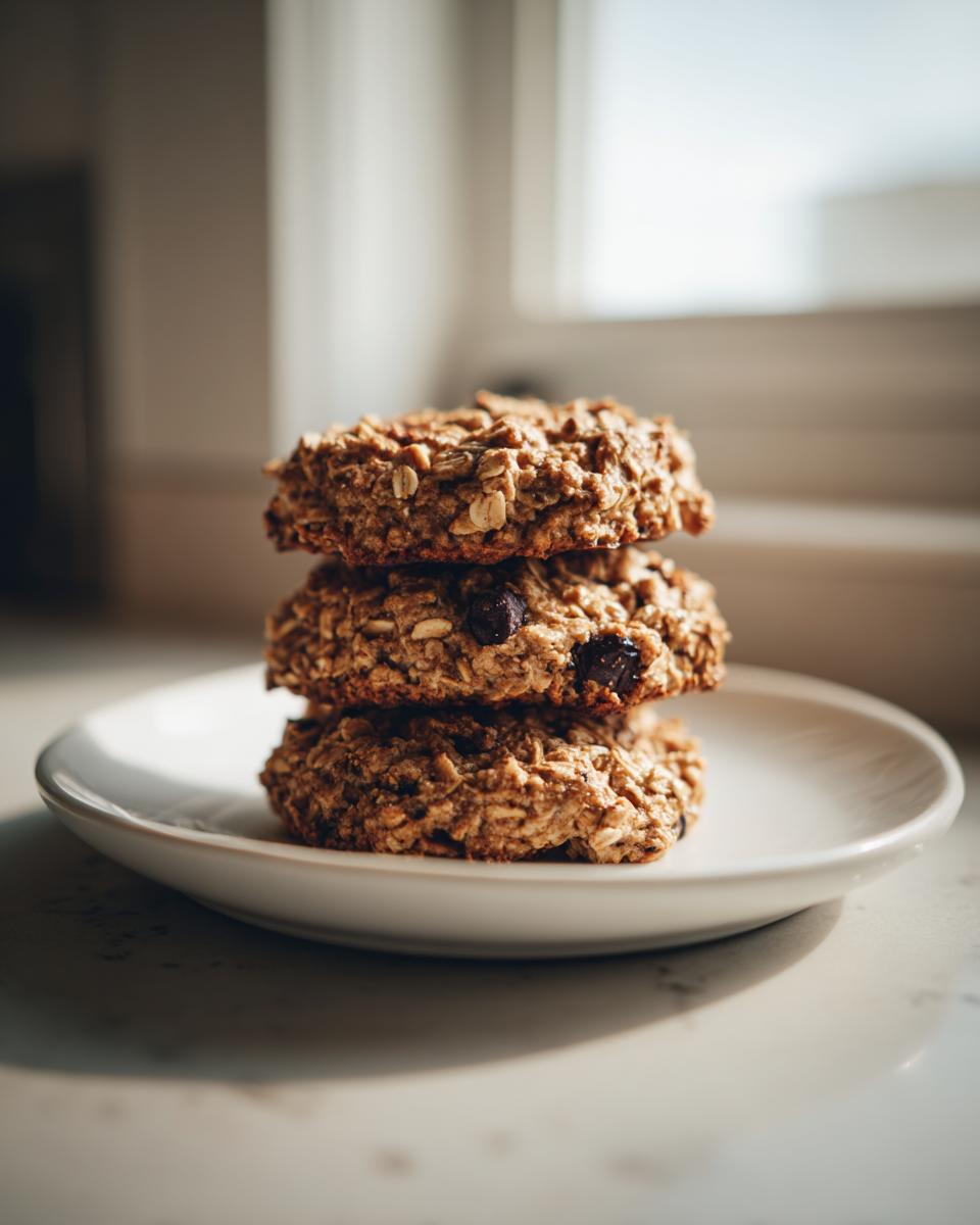 A stack of three hearty oatmeal breakfast cookie treats resting on a small white plate near a bright window.