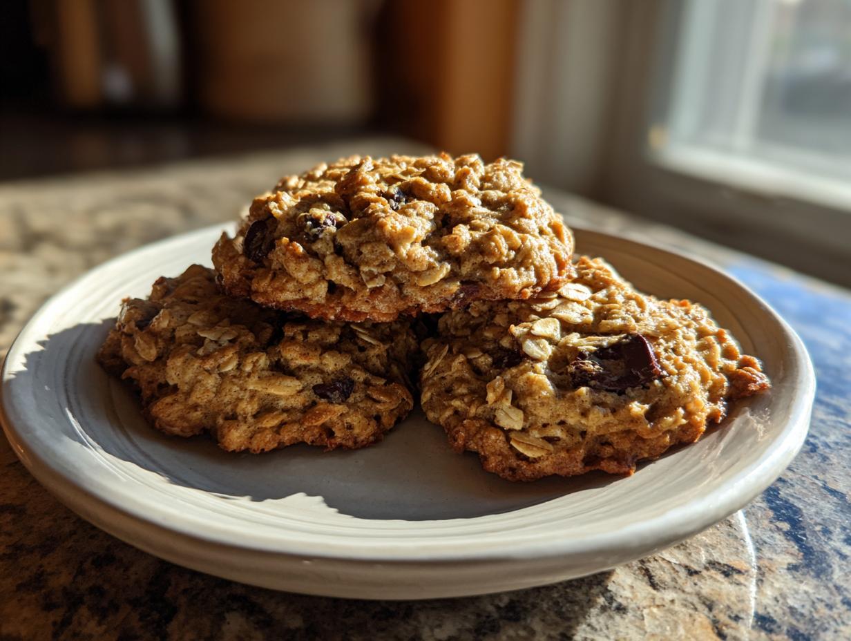 Three golden brown oatmeal breakfast cookie treats stacked slightly on a light ceramic plate, illuminated by sunlight.