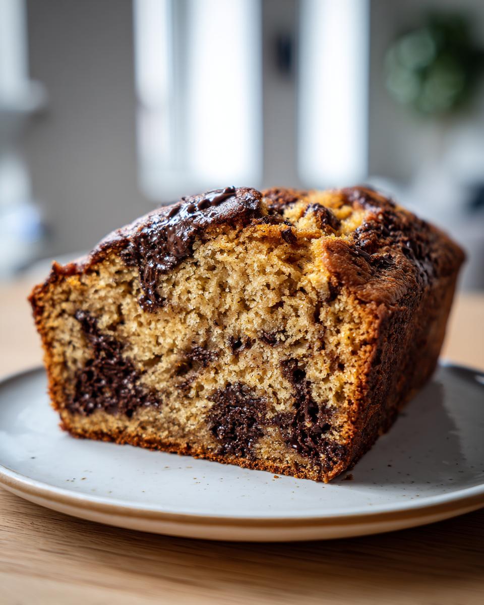 Close-up of a moist slice of peanut butter banana bread loaded with melted chocolate chunks.