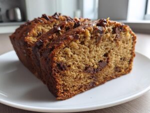 Close-up of two slices of moist peanut butter banana bread studded with chocolate chips on a white plate.