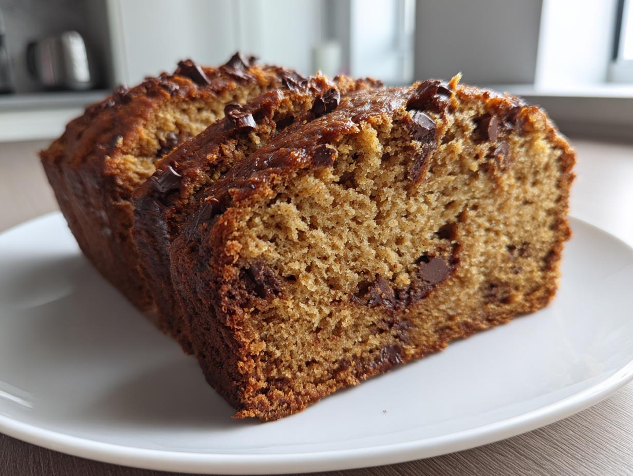 Close-up of two slices of moist peanut butter banana bread studded with chocolate chips on a white plate.
