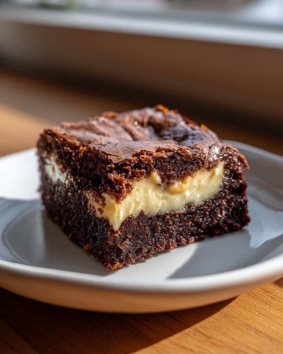 A rich, dark chocolate brownie square with a thick, creamy peanut butter stuffed center, served on a white plate.