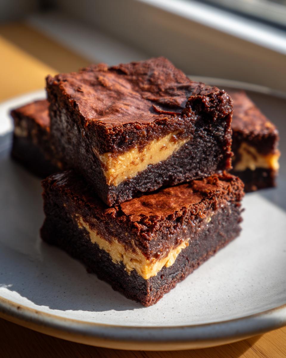 Two stacked, fudgy peanut butter stuffed brownies showing the creamy center layer.