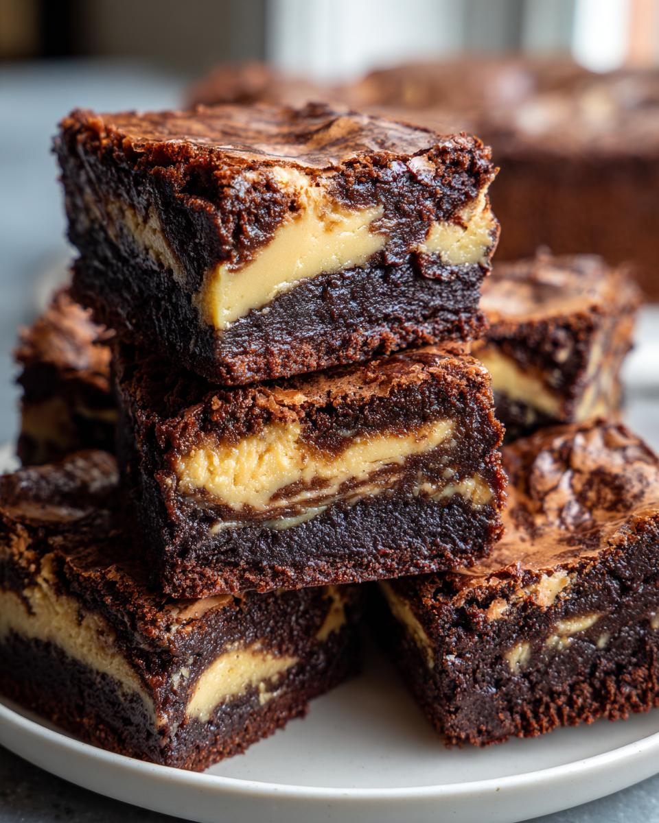 A stack of rich, fudgy peanut butter stuffed brownies showing a thick layer of creamy peanut butter filling.