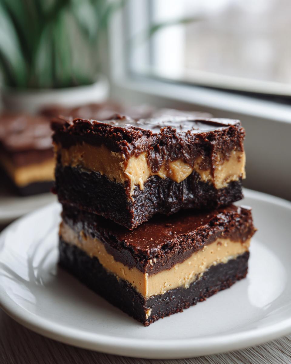 Two stacked, rich peanut butter stuffed brownies with a thick peanut butter layer on a white plate.