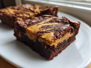 A rich, fudgy square of peanut butter swirl brownies featuring a distinct peanut butter ribbon on top.