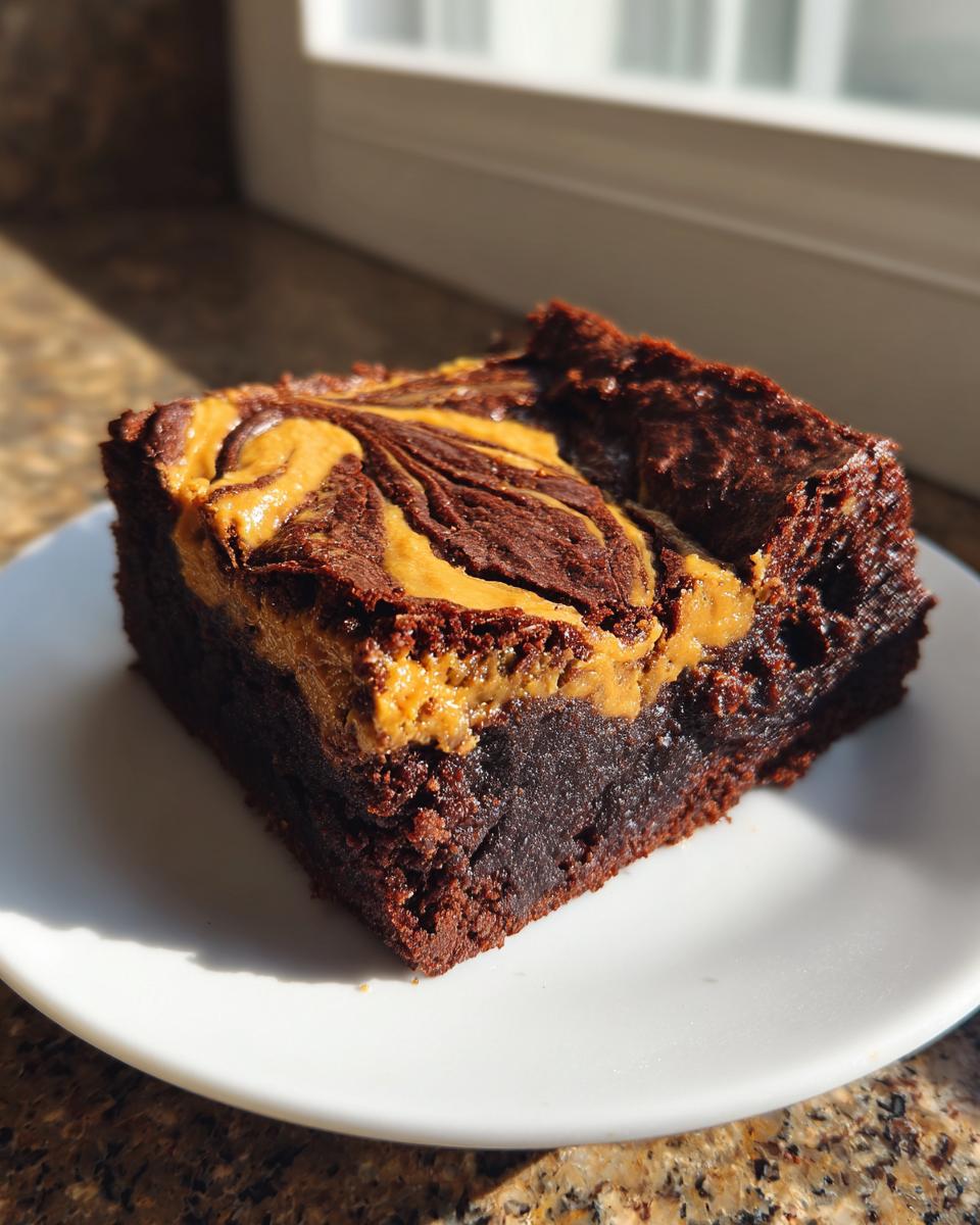 A rich, fudgy slice of peanut butter swirl brownies with a distinct peanut butter topping swirl.