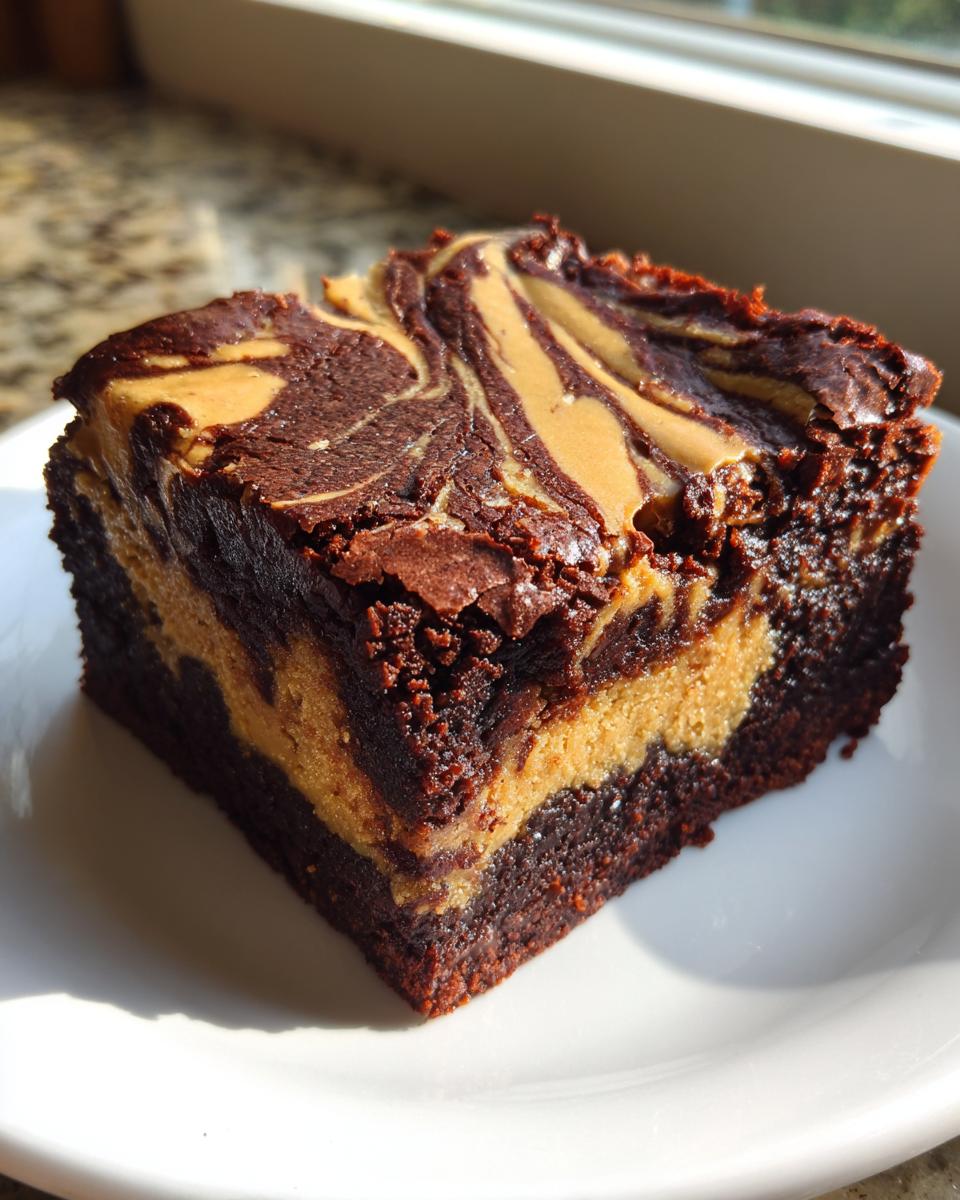 A rich, fudgy square of peanut butter swirl brownies featuring a beautiful marbled top and thick peanut butter layer.