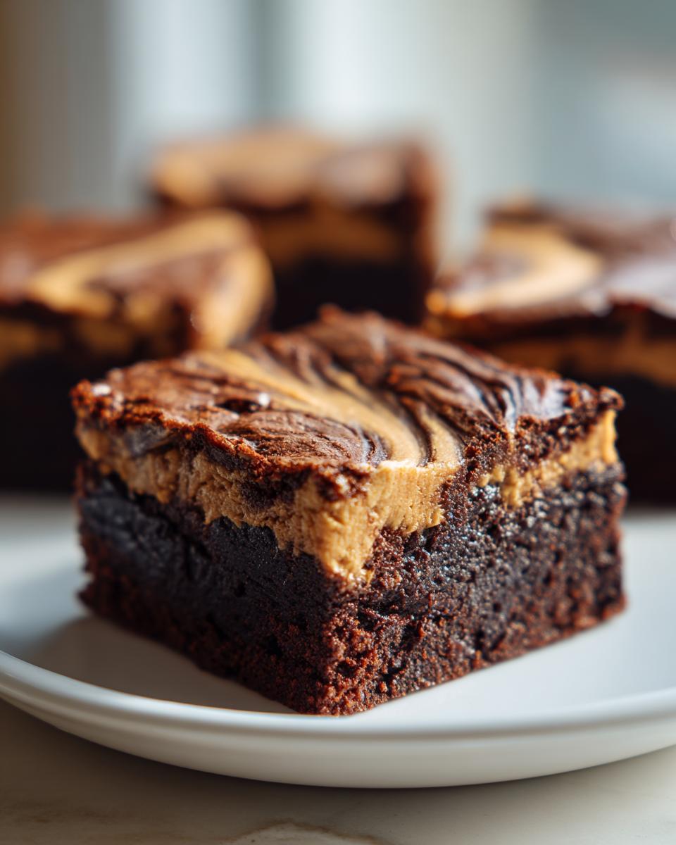 A rich, fudgy square of peanut butter swirl brownies sits on a white plate, showing the distinct swirl pattern.