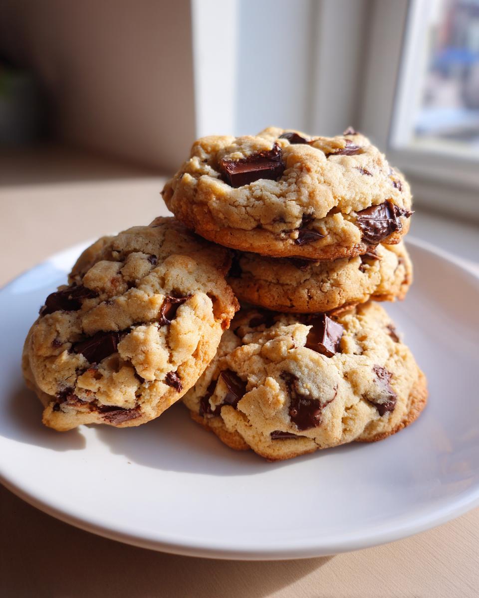 A stack of four thick, golden scoopable cookies loaded with dark chocolate chunks, resting on a white plate.