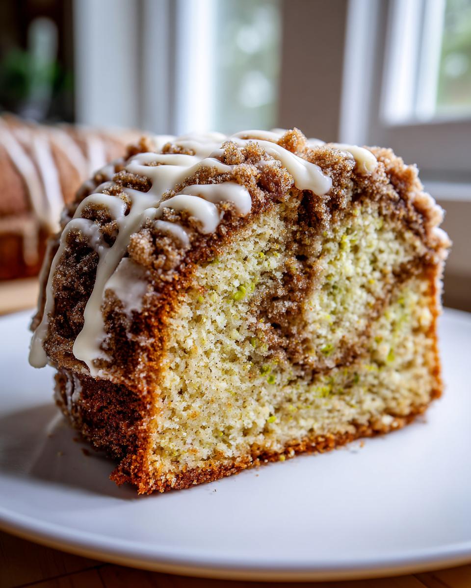 Close-up of a moist slice of pistachio coffee cake featuring a cinnamon swirl, crumb topping, and white glaze.