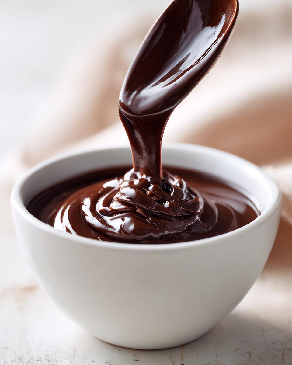 A spoonful of rich, glossy chocolate ganache is being poured into a white bowl, showing its thick texture.