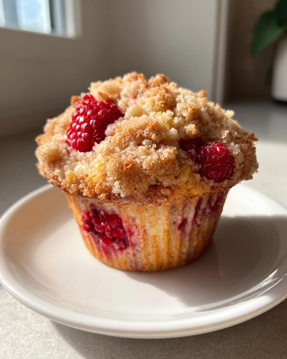 A single, golden raspberry muffins topped with a generous cinnamon streusel, sitting on a white saucer.