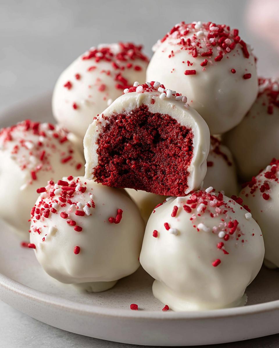 A stack of decadent red velvet cake balls coated in white chocolate and topped with red and white sprinkles.