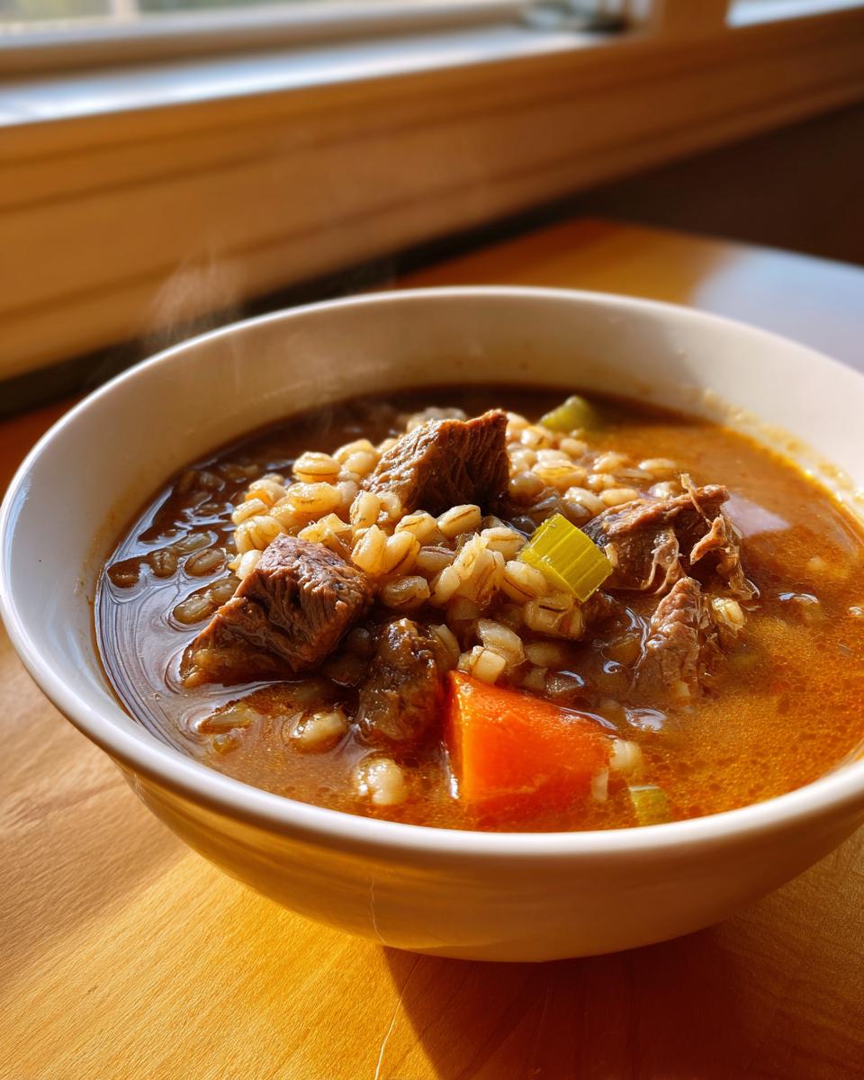 Close-up of a steaming white bowl filled with rich beef barley soup, showing chunks of beef, barley, carrots, and celery.