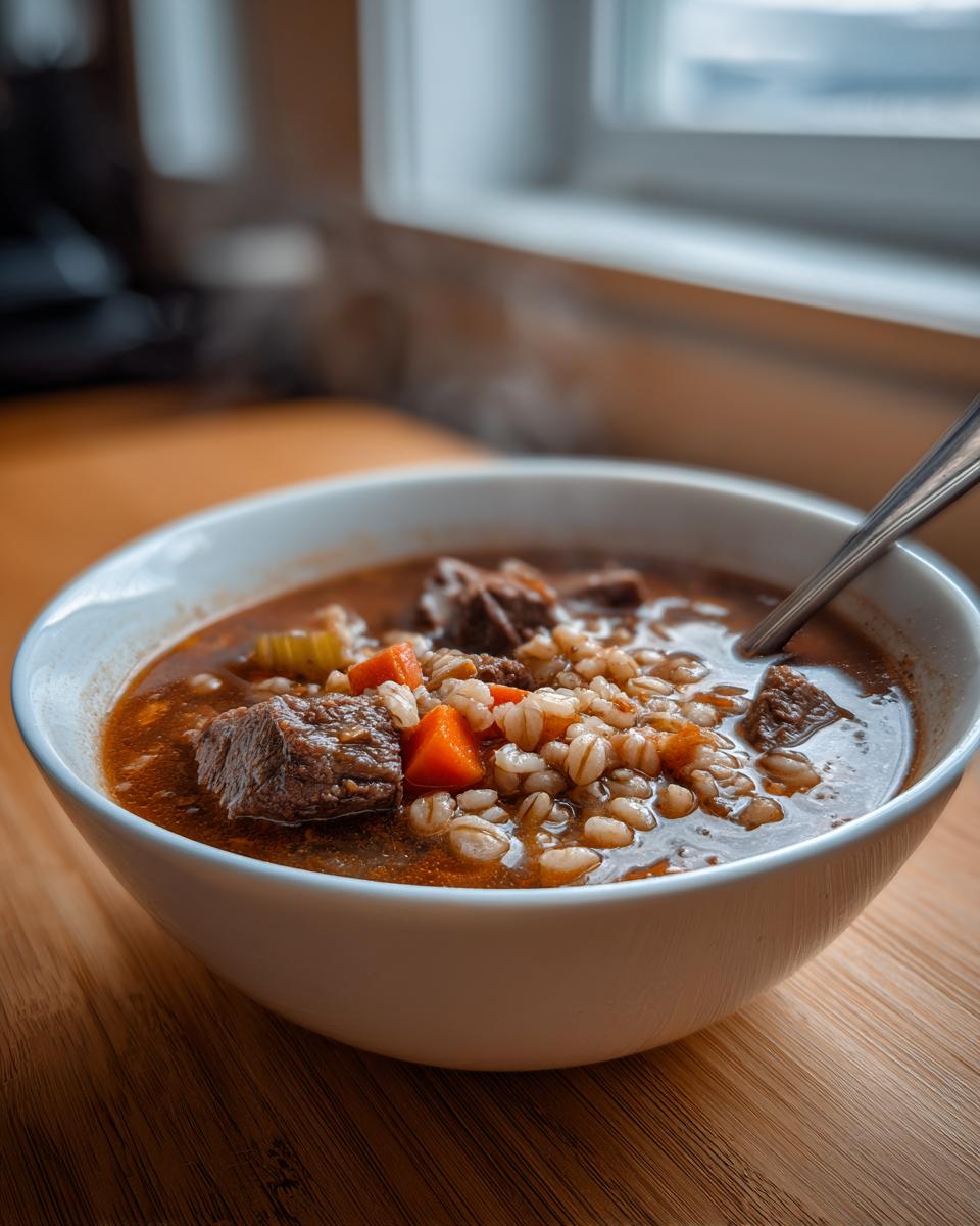 Close-up of a steaming white bowl filled with rich beef barley soup, featuring chunks of beef, carrots, and barley.
