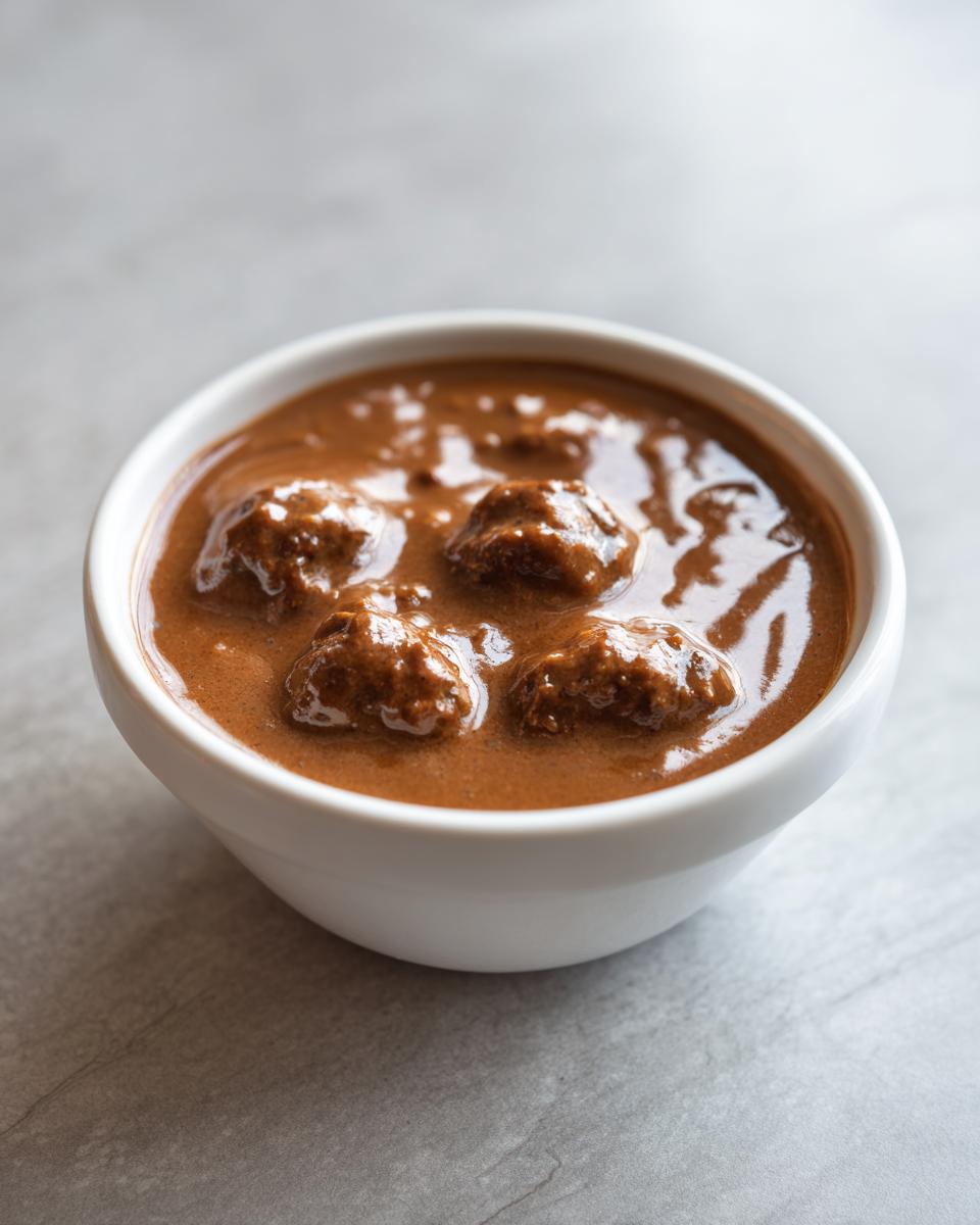 Close-up of meatballs simmering in rich, brown swedish meatball sauce in a small white bowl.