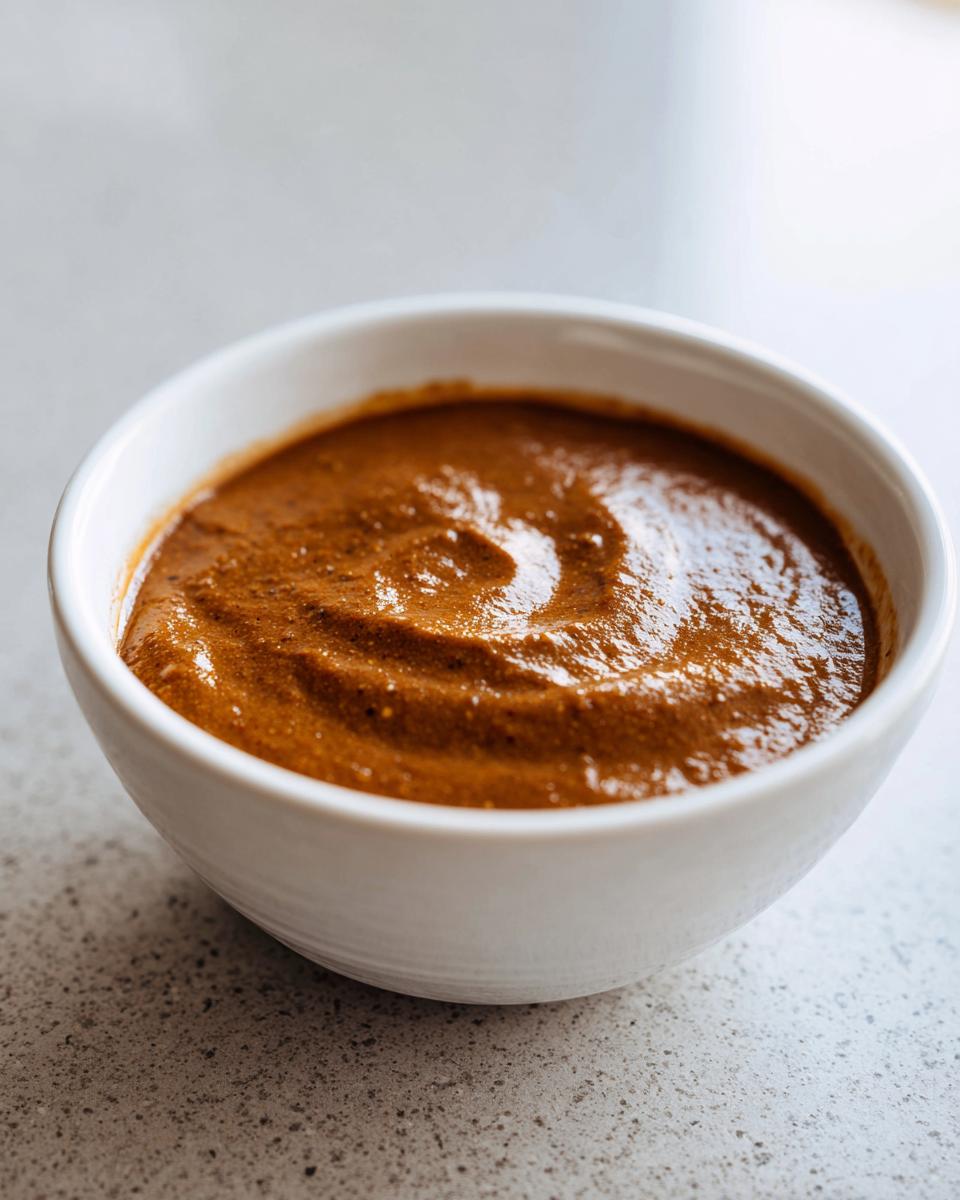 A close-up of thick, rich brown swedish meatball sauce swirled inside a small white bowl.