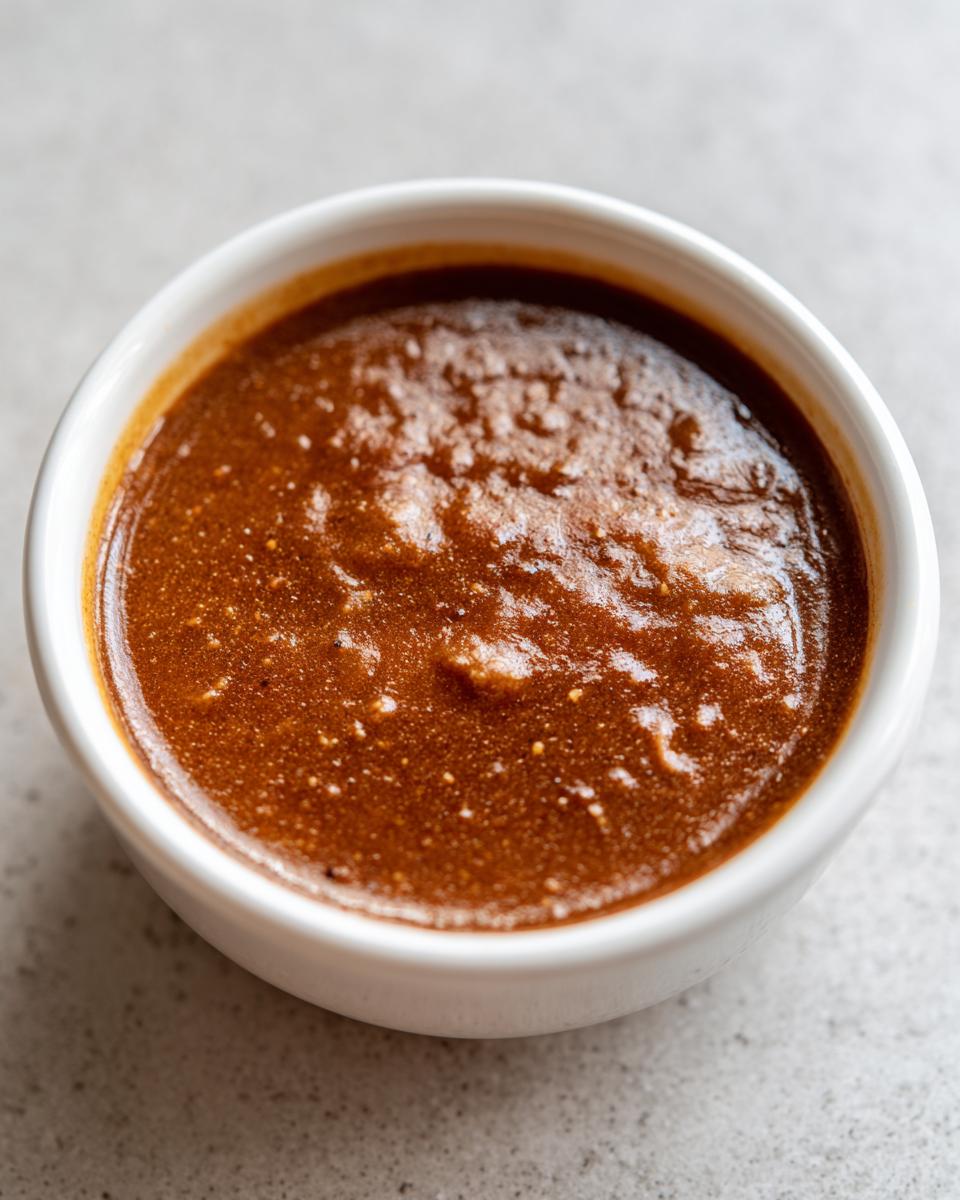 Close-up of rich, brown Swedish meatball sauce served in a small white bowl.