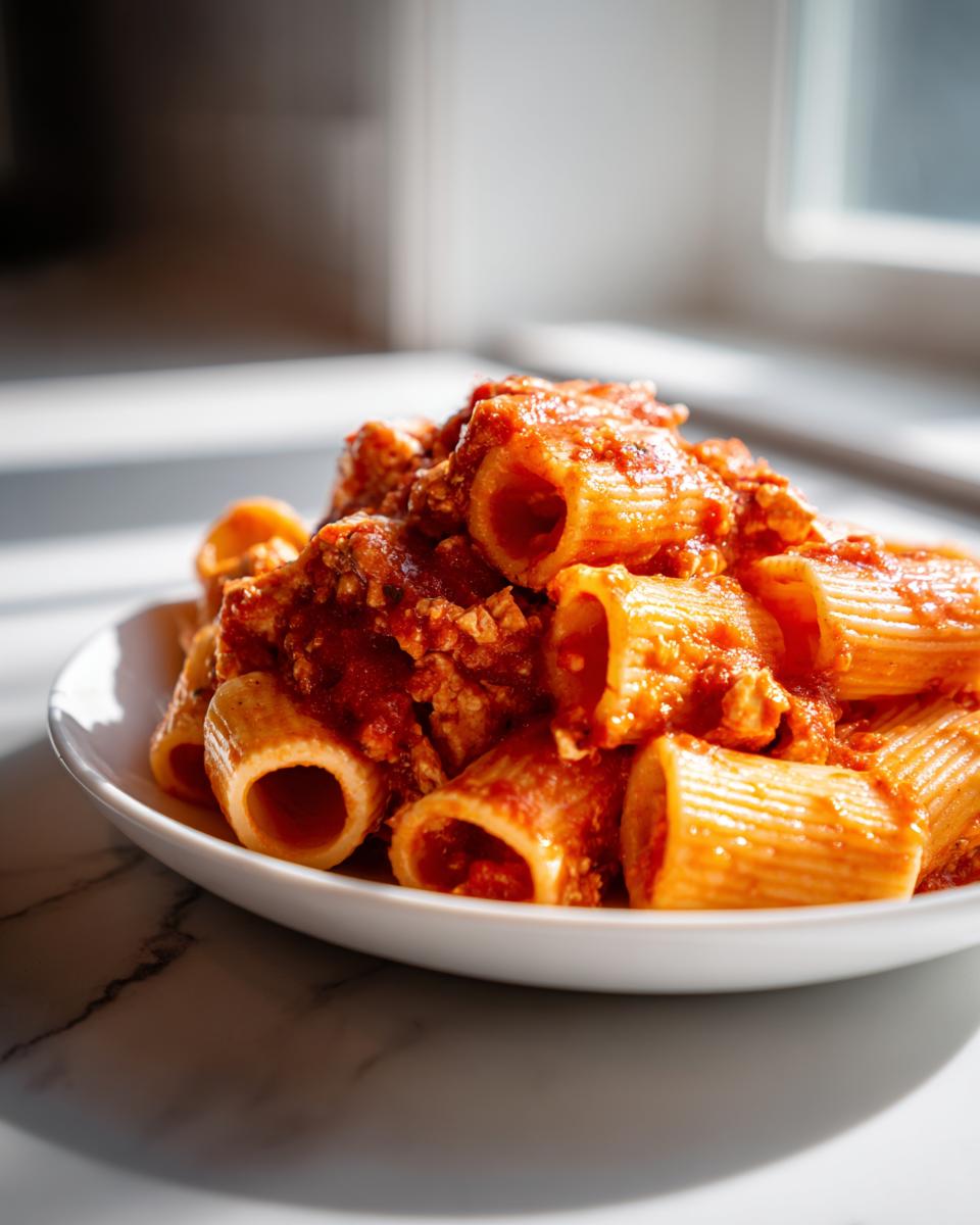 A close-up of rigatoni pasta tossed in a rich red sauce, similar to baked feta pasta, served on a white plate.