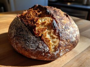 A rustic, round loaf of homemade crusty bread with a dark, blistered crust and a prominent ear.