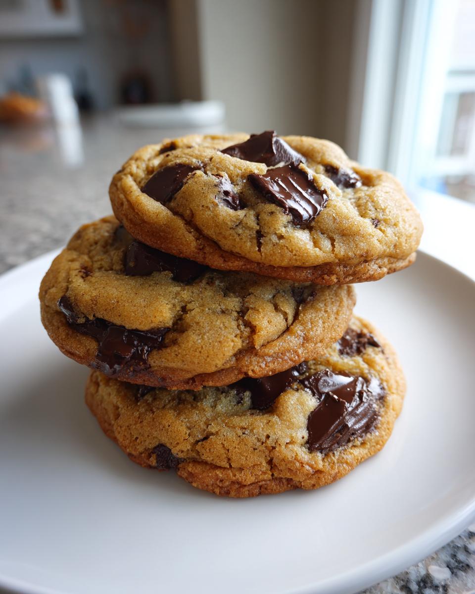 A stack of three thick, golden brown scoopable cookies loaded with melted chocolate chunks, resting on a white plate.