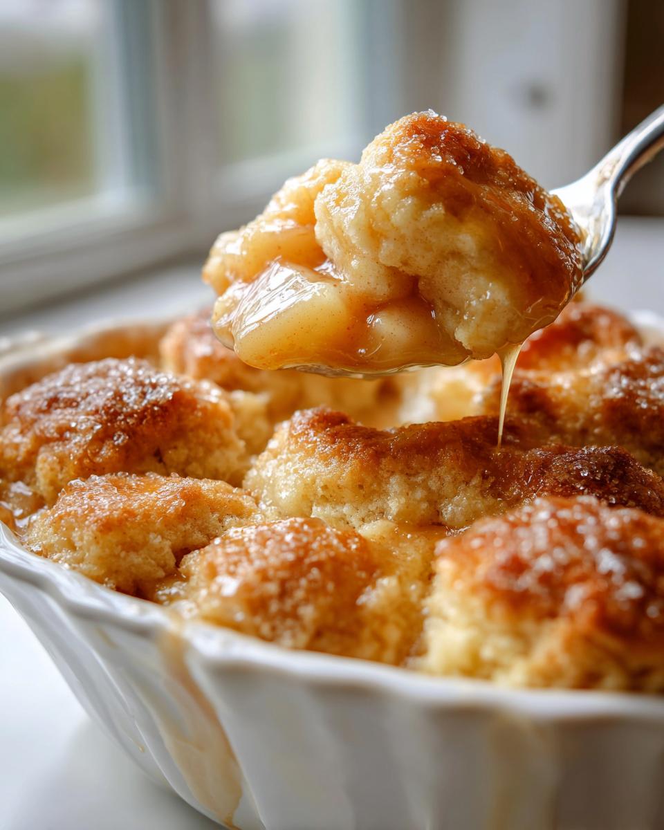 A spoonful of warm, gooey apple cobbler recipe lifted from a white baking dish, dripping with caramel sauce.