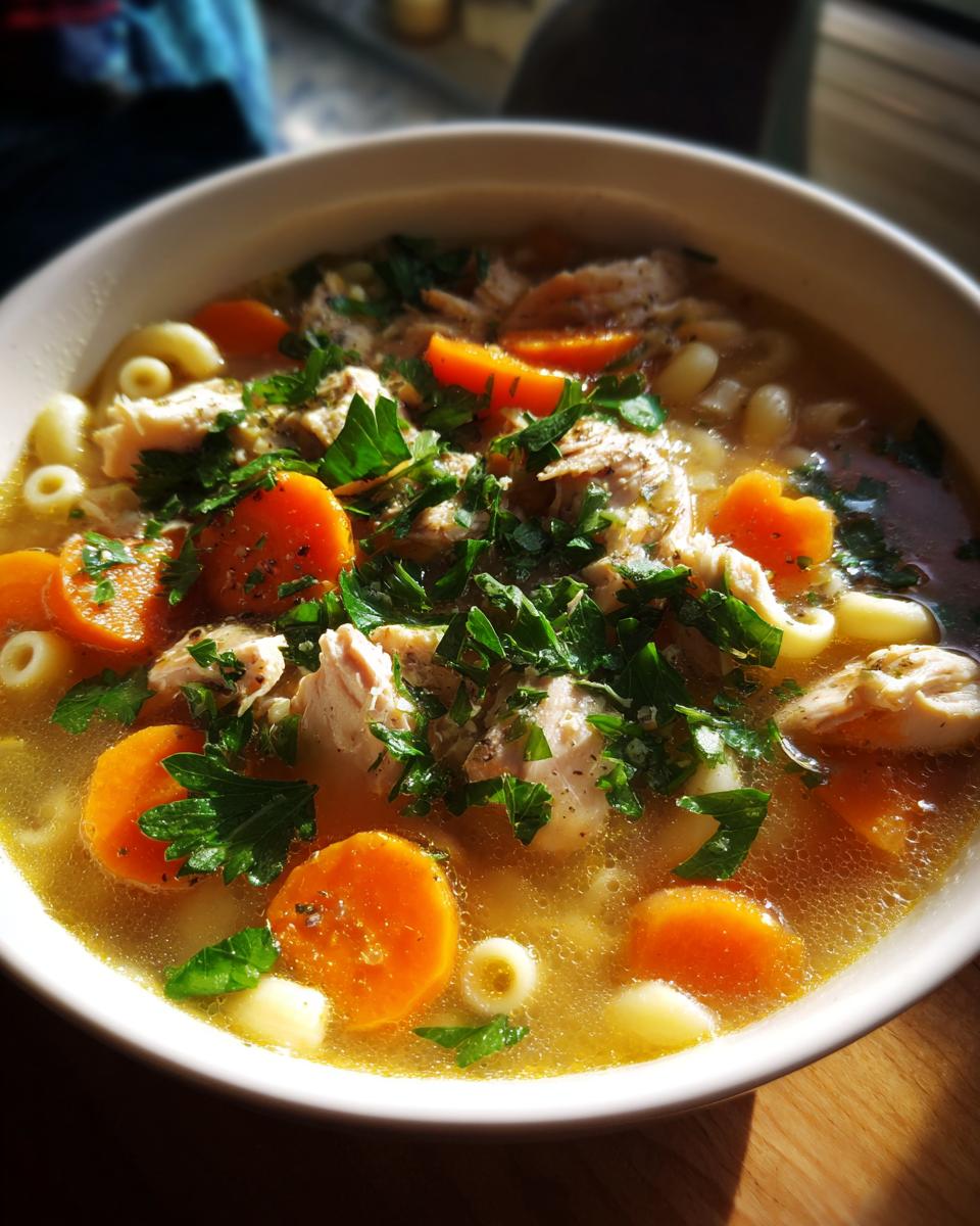 Close-up of a bowl of Sicilian chicken soup featuring shredded chicken, bright orange carrots, small pasta rings, and fresh parsley.