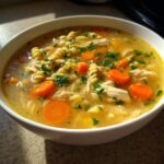 Close-up of a white bowl filled with hot Sicilian chicken soup, featuring shredded chicken, rotini pasta, bright orange carrots, and fresh parsley.