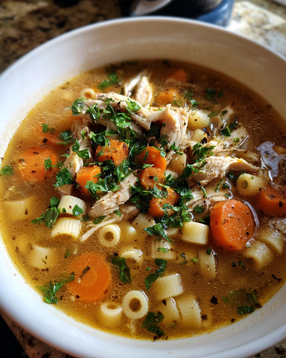 Close-up of a white bowl filled with Sicilian chicken soup, featuring shredded chicken, bright orange carrots, small pasta rings, and fresh parsley.