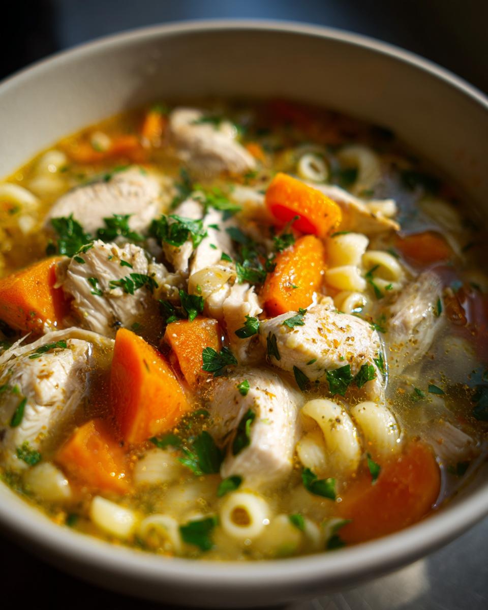Close-up of a bowl of Sicilian chicken soup featuring chunks of white meat chicken, bright orange carrots, and small pasta in a savory broth.