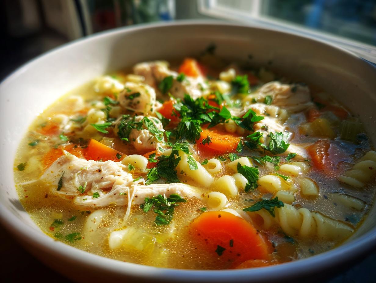 Close-up of a steaming bowl of Sicilian chicken soup featuring shredded chicken, carrots, pasta, and fresh parsley garnish.