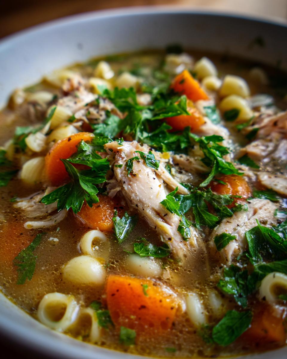 Close-up of a bowl of rich Sicilian chicken soup featuring shredded chicken, bright orange carrots, small pasta shells, and fresh parsley.