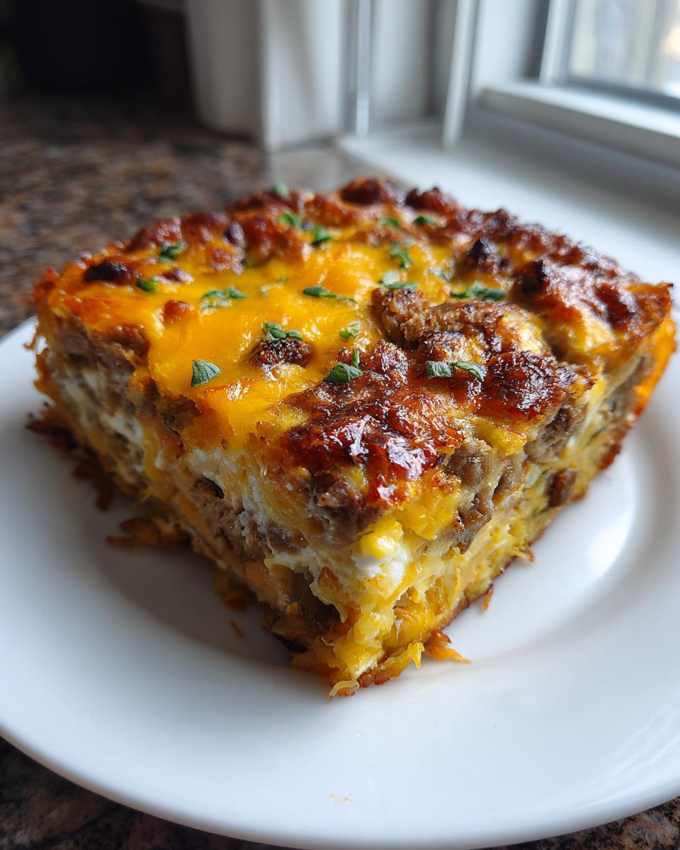 A close-up of a hearty slice of breakfast casserole topped with melted cheddar cheese and sausage.